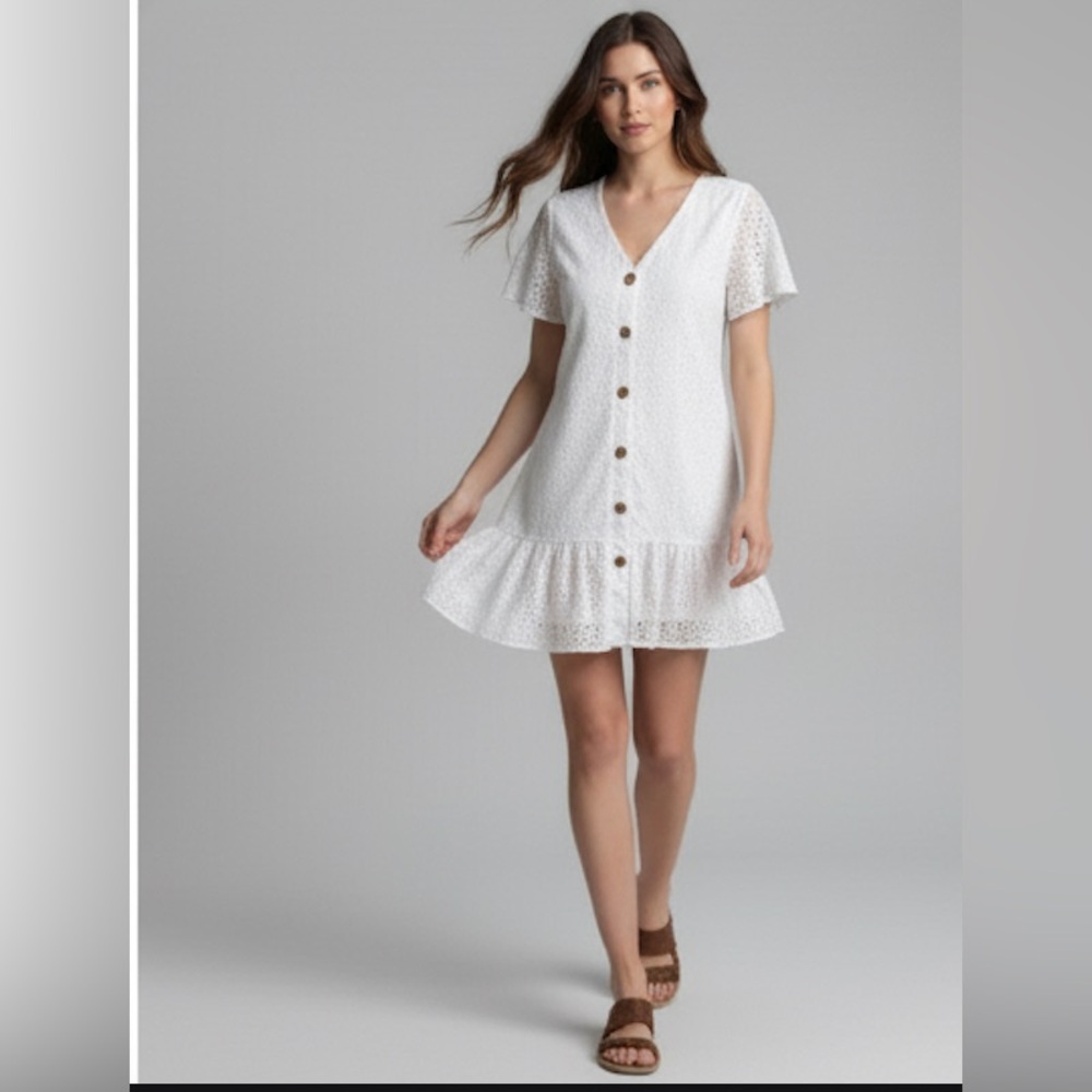 White Eyelet Embroidery Ruffle Hem Smock Dress - Picture 4 of 7